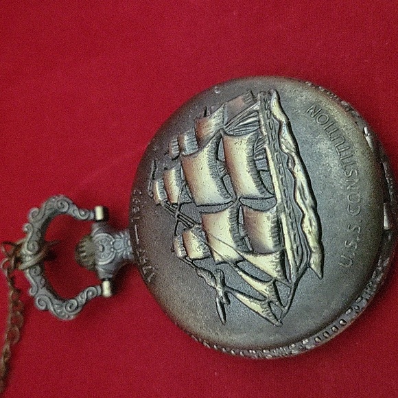 Antique Ship Boat Pocket Watch Classic Hollow Tone Necklace Push Button Watch - Picture 1 of 10